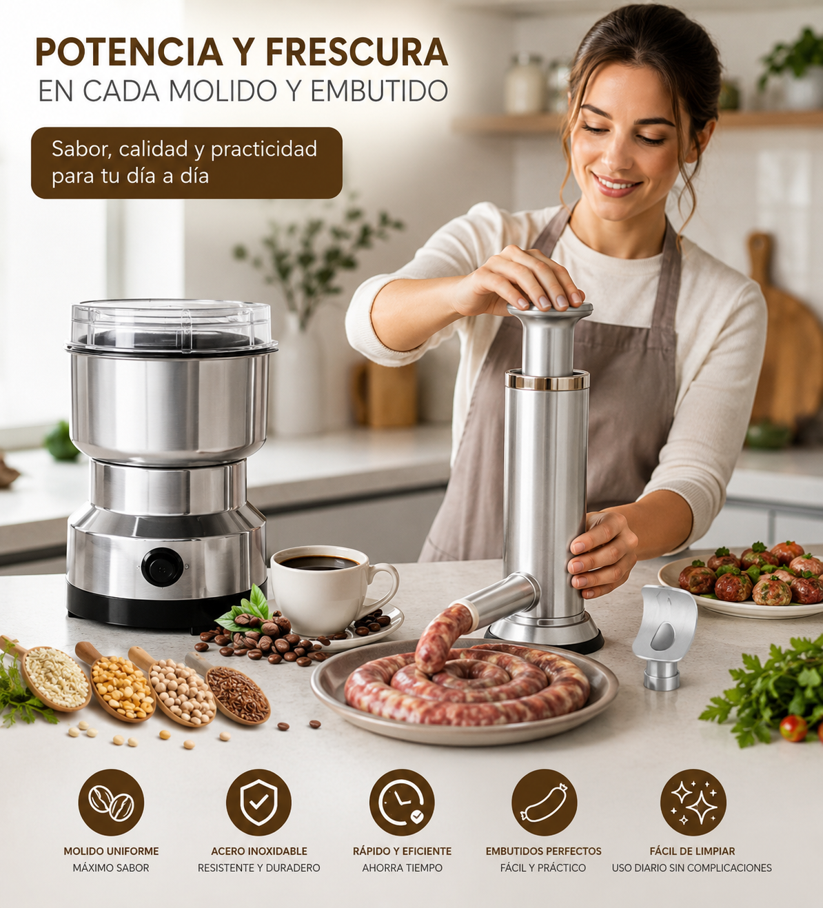Molino Eléctrico Multifuncional + Máquina Manual para Embutidos y Carne