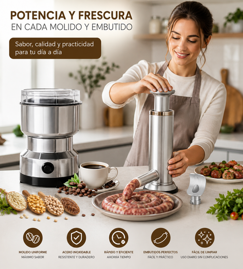 Molino Eléctrico Multifuncional + Máquina Manual para Embutidos y Carne