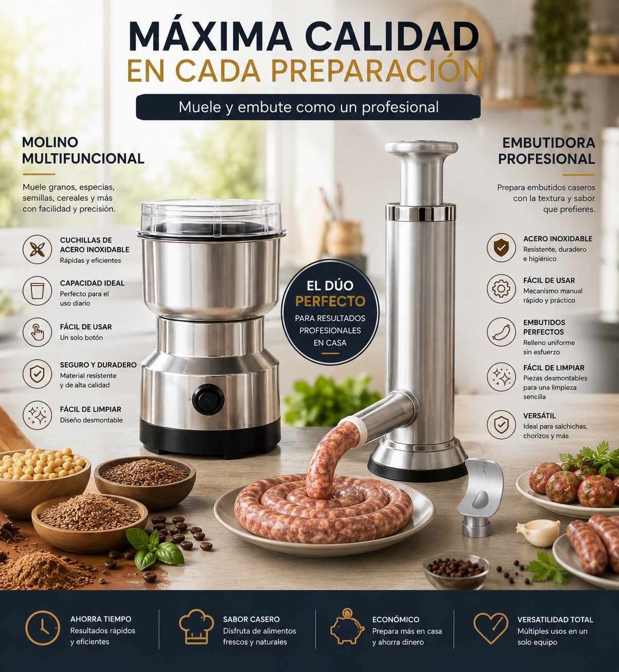 Molino Eléctrico Multifuncional + Máquina Manual para Embutidos y Carne